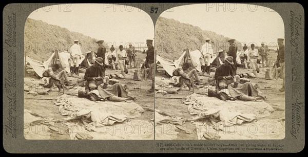 China, Columbia's noble soldier boys- American giving water to Japanese after battle of Tientsin, China, Ricalton, James