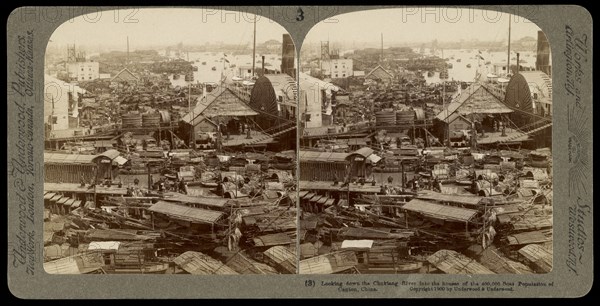 000 boat population of Canton China, Looking down the Chukiang River into the houses of the 400, 000 boat population of Canton