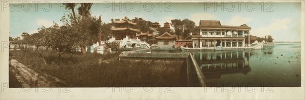 Stone boat in the Summer Palace, Beijing, China, LeMunyon, C. E., Hand-colored, oil?, gelatin silver, ca. 1910, The marble boat