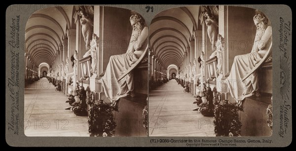 Genoa, Corridor in the famous Campo Santo, Genoa, Stereographic views of Italy, Underwood and Underwood, Underwood, Bert, 1862