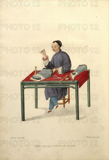 A woman making stockings, The costume of China, Dadley, J., Mason, George Henry, Pu-Qùa, Stipple engraving, hand-colored, 1800