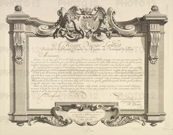 Dedication plate, Apotheosis of Hercules, Picart, Bernard, 1673-1733, 1713-1719, Dedication to Nicolas Lambert, signed by