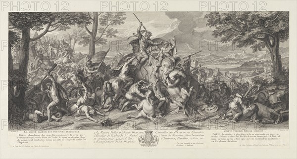 Porus in battle, Battles of Alexander, Audran, Benoît, 1661-1721, Audran, Jean, 1667-1756, Le Brun, Charles, 1619-1690, Etching