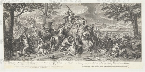 Porus in battle, Battles of Alexander, Le Brun, Charles, 1619-1690, Poilly, Jean-Baptiste de, 1669-1728, Engraving, etching