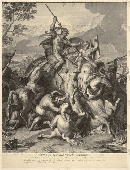 Porus in battle: center sheet, Le Brun, Charles, 1619-1690, Picart, Bernard, 1673-1733, Etching, engraving, black-and-white