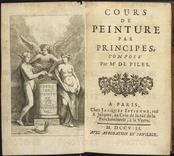 Frontispiece and title page, Cours de peinture par principes, Piles, Roger de, 1635-1709, Engraving, 1708, frontispiece