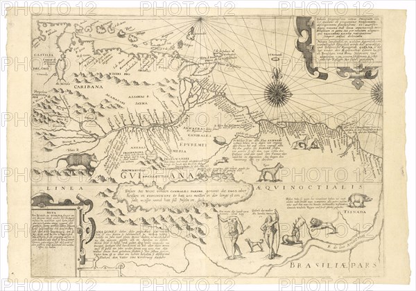 Tabula geographica nova omnium oculis exibens et proponens verissimam descriptionem potentissmi et aurisen regni Guiana sub