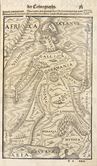 Map showing Germania, with adjacent countries and land masses, Cosmographey: das ist, Beschreibung aller Länder, Herrschafften