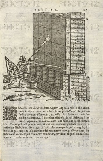 Erecting a wall, I dieci libri d'architettura, Rusconi, Giovanni Antonio, 16th cent., Woodcut, 1660