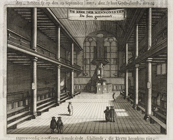 De Kerk der Mennonisten De Son genaemt, Beschryvinge van Amsterdam, Commelin, Casparus, 1636-1693, Engraving, 1694