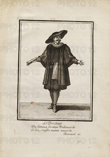 Le Docteur, Italian theater prints, Engraving, between 1560 and 1954, Print numbered 75 at top of sheet