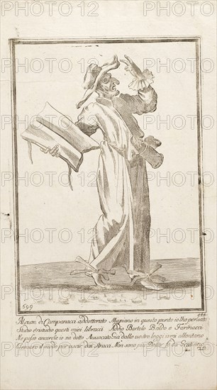 Il Dottore, Italian theater prints, Etching, 17th century, Inscription in the plate's lower margin: A suon di Campanacci