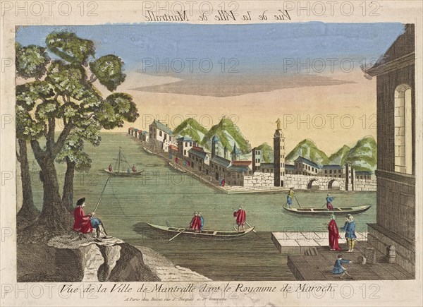 Vue de la Ville de Mantralle dans le Royaume de Maroch, African vues d'optique, Basset, engraving, hand col.