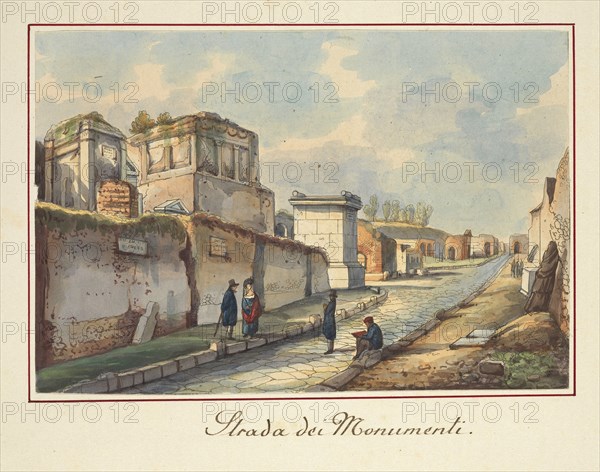 Strada dei monumenti, Pompei, Unknown, Watercolor, ca. 1840?, Tombs outside the Herculaneum Gate
