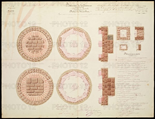 Designs for renovations at Versailles, Ouachee, Ink and watercolor, 1842-1843