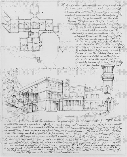 Perspective view and plan of the Deepdene, Surrey, UK, Charles Robert Cockerell sketchbook leaves, Cockerell, C. R.