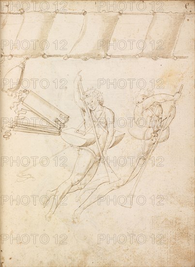 Figures in water holding oars and portable bridge, Edificij et machine MS, Martini, Francesco di Giorgio, 1439-1502, Brown ink