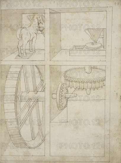 Folio 43 mill powered by horse, Edificij et machine MS, Martini, Francesco di Giorgio, 1439-1502, Brown ink and wash on paper