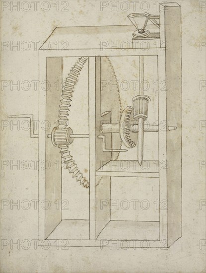 Mill powered by crank, Edificij et machine MS, Martini, Francesco di Giorgio, 1439-1502, Brown ink and wash on paper