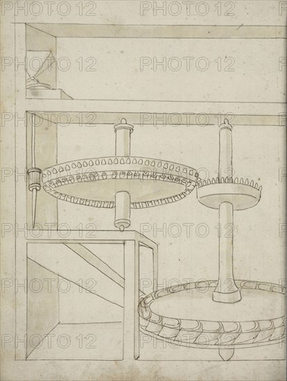 Folio 40 mill with horizontal water wheel, Edificij et machine MS, Martini, Francesco di Giorgio, 1439-1502, Brown ink and wash