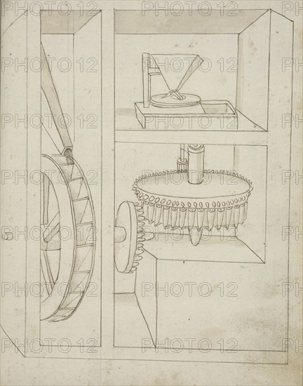 Folio 40 mill with overshot water wheel, Edificij et machine MS, Martini, Francesco di Giorgio, 1439-1502, Brown ink and wash