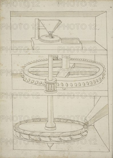 Folio 39 mill with horizontal water wheel, Edificij et machine MS, Martini, Francesco di Giorgio, 1439-1502, Brown ink and wash