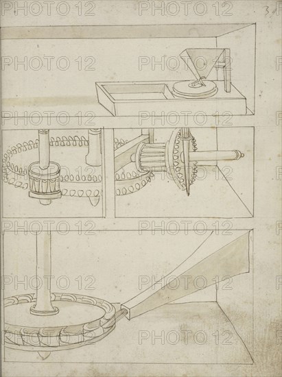 Mill with horizontal water wheel, Edificij et machine MS, Martini, Francesco di Giorgio, 1439-1502, Brown ink and wash on paper