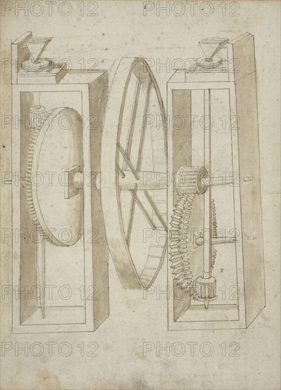 Two mills with wheel between, Edificij et machine MS, Martini, Francesco di Giorgio, 1439-1502, Brown ink and wash on paper