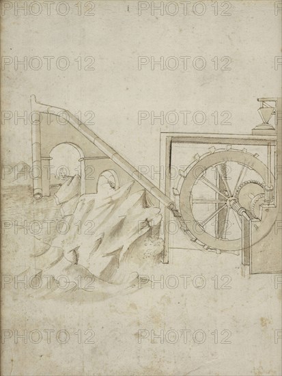 Folio 13 mill powered by water from siphon, Edificij et machine MS, Martini, Francesco di Giorgio, 1439-1502, Brown ink and wash