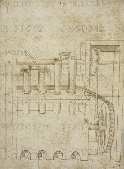 Folio 10 piston pumps and water wheel, Edificij et machine MS, Martini, Francesco di Giorgio, 1439-1502, Brown ink and wash on