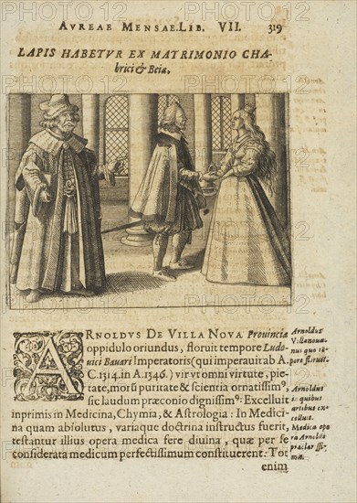 Lapis habetur ex matrimonio Chabrici and Beiae, with text, Symbola avreae mensae dvodecim nationvm, hoc est, Hermaea sev