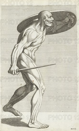 Male nude figure carrying shield and sword, side view, L'anatomia dei pittori del signore Carlo Cesio, das ist, Deutliche