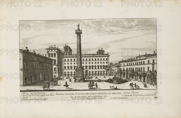Piazza Colonna sù la via del' Corso spianata et ampliata da n. sig. papa Alesandro VII., Il nvovo teatro delle fabriche