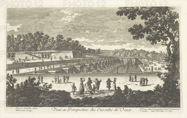 Veue en perspective des cascades de Vaux, Perelle engravings of Paris, royal residences, chateaux of France