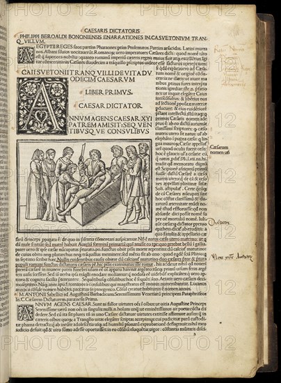 Leaf, 5, recto with illustration depicting Julius Caesar's birth by caesarian section, Suetonius Tranquillus cum Philippi