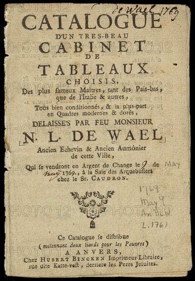 Title page, Catalogue d'un tres-beau cabinet de tableaux choisis, des plus fameux maîtres, tant des Païs-Bas, que de l'Italie