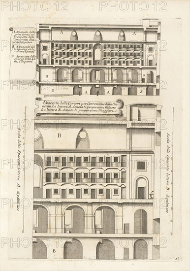 Spaccato della gran corsia col prospetto delle carcerette divise in tre pianti, Stvdio d'architettvra civile sopra gli ornamenti