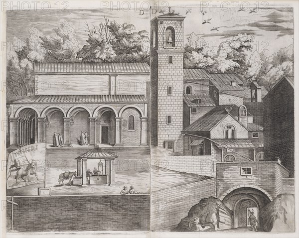 Leaf D: View of Courtyard, Descrizione del sacro monte della Vernia, Ligozzi, Jacopo, 1547-1626, Moroni, Lino, Engraving, 1612