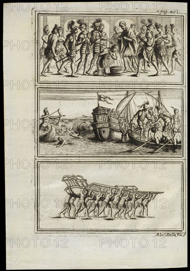 Scene of baptism at temple Cazìche d'Izucàn, Scene at sea with Spanish galley, Indigenous people carrying a boat, Istoria della