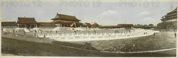 Panoramic view of the first courtyard of the Forbidden City, Beijing, China, LeMunyon, C. E., Hand-colored, oil?, gelatin silver