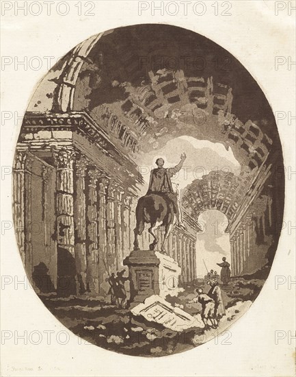 Statue antique, sur un piédestal, entourée de personnages, le tout parmi des ruines, Robert, Hubert, 1733-1808, Saint Non, Jean
