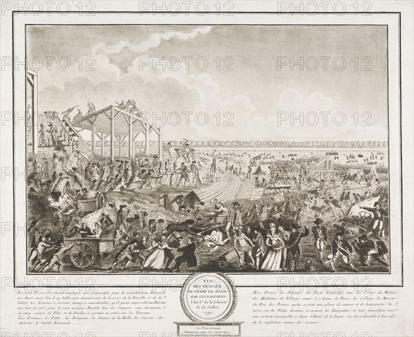 Vue des travaux du Champs de Mars par les Parisiens l'an 1er de la liberté le 12 juillet 1790: le patriotisme surmonte