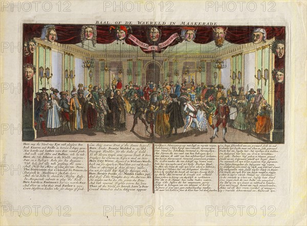 Bal de Waereld in Maskerade, Italian theater print, Etching