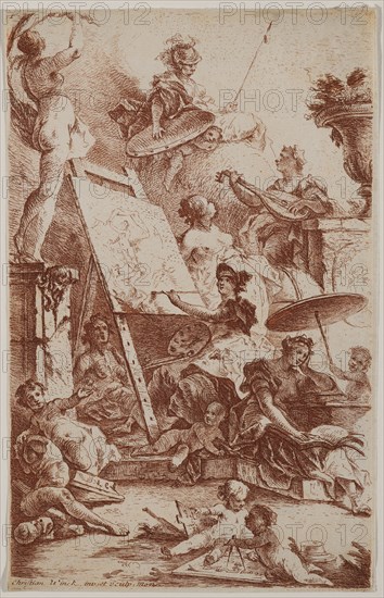 Allegory of painting, Winck, Christian, 1738-1797, Etching, red ink, ca. 1770