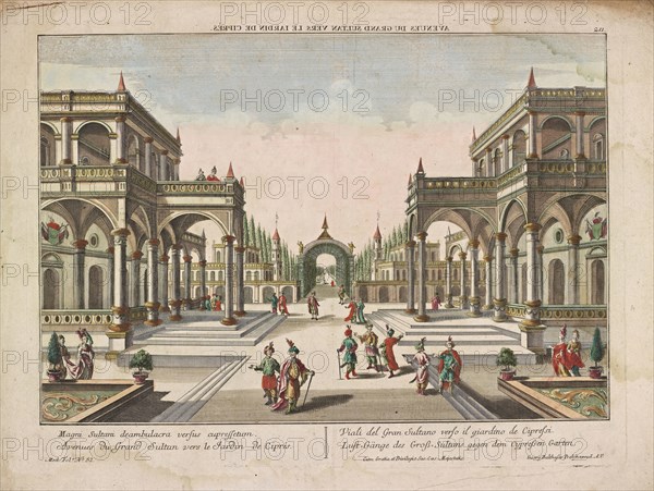 Avenues du Grand Sultan vers le Jardin de Ciprés, European vues d'optique, Probst, Georg Balthasar, engraving