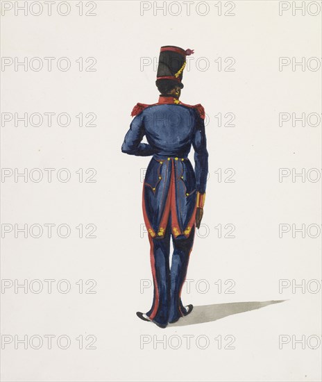 View of soldier in blue uniform from behind, Costumes of Lima, Peru, Watercolor, ca. 1860