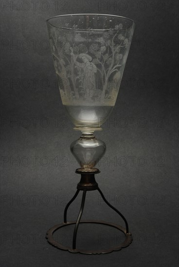 Chalice in façon de Venise style, engraved with pastoral scene, wineglass drinking glass drinkware tableware holder glass silver