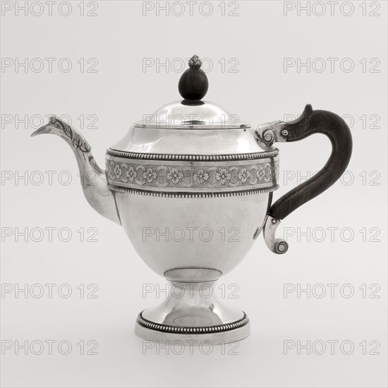 Silver teapot, teapot tableware holder silver wood, cast engraved Wide ovoid body on round constricted foot wooden ear