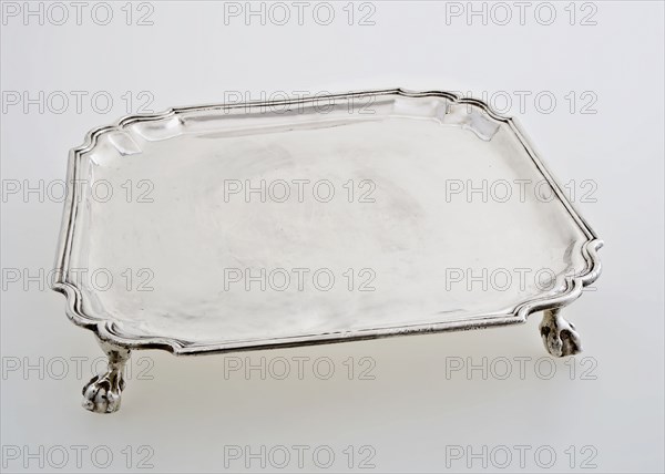 Silver tray on legs, tray top holder silver, hammered cast Smooth square top with brace-shaped corners angled profiled outer