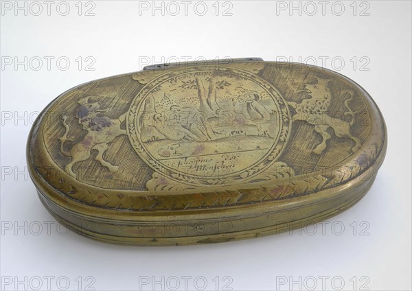 Copper tobacco box with the creation of men and the fall of men, tobacco box holder metal copper, cast engraved lying oval